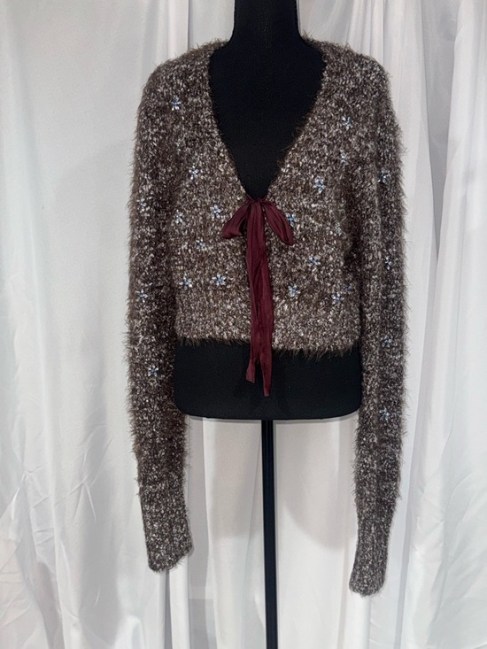 Free People Sweaters - Free People Brown Fuzzy V-Neck Tie-Front Cardigan with Burgundy Ribbon